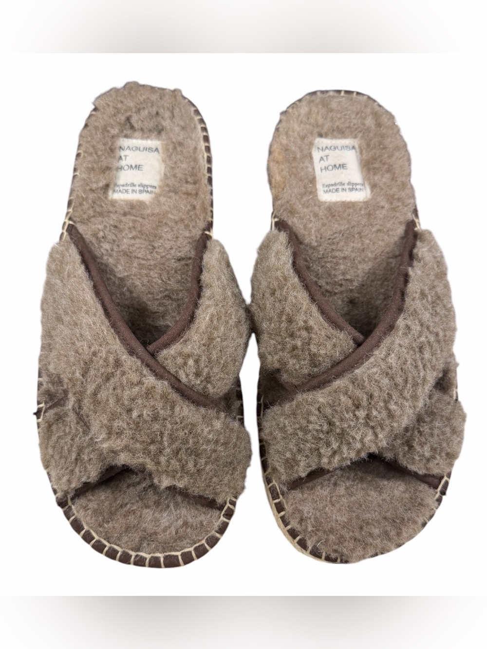 Naguisa Espadrilles Shearling Fuzzy Taupe Grey Slide Slippers. Cozy Open Toed